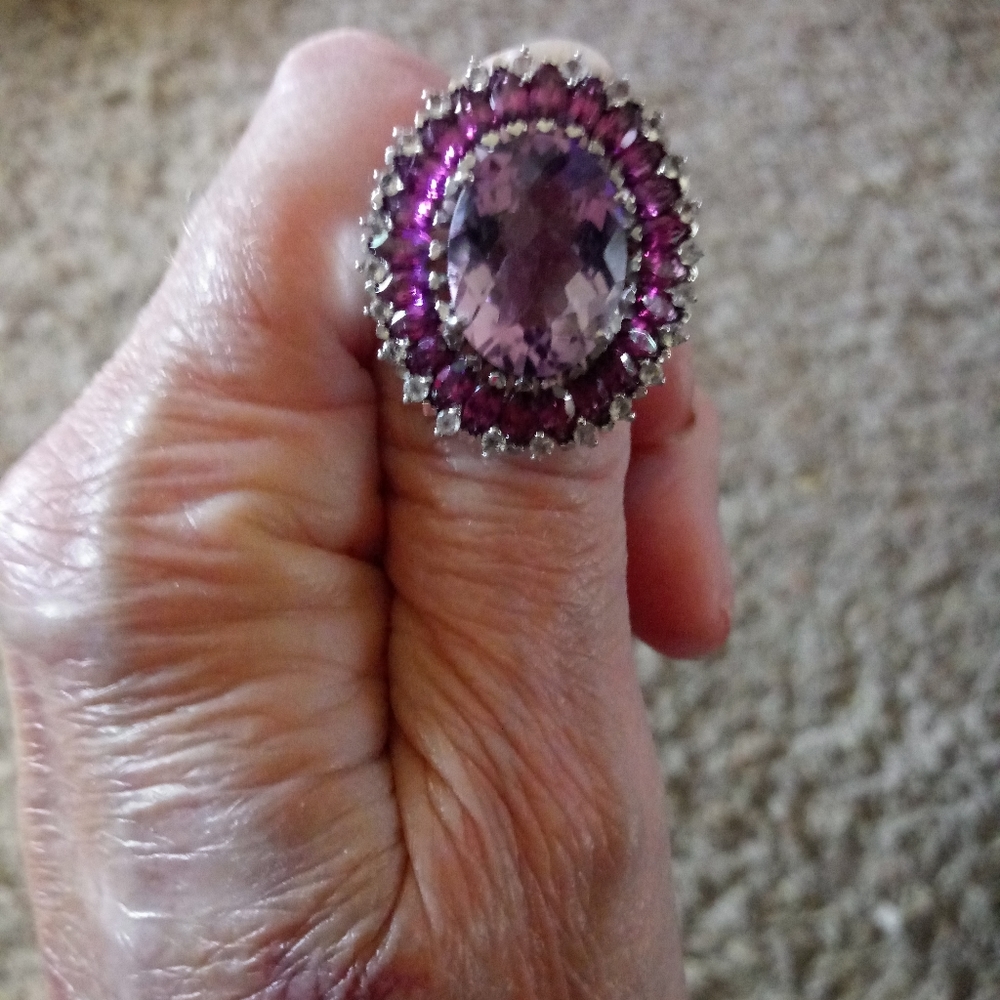 Huge Checkerboard Amethyst- Marquise Garnets, White Topaz Rounds. Size 8